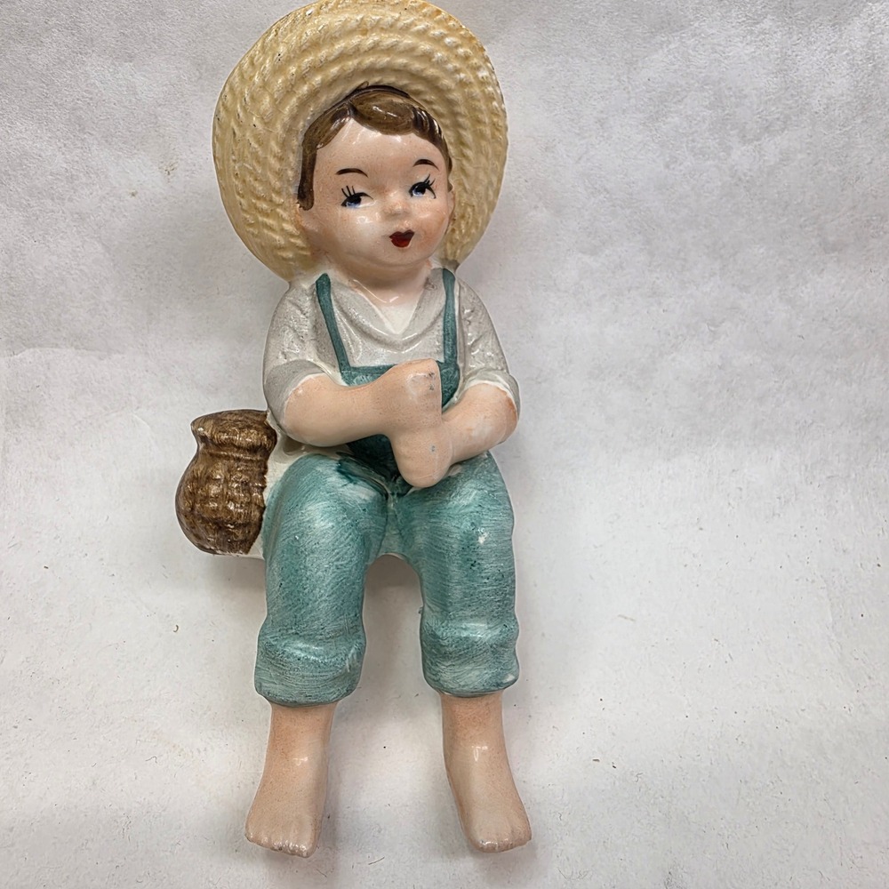Ceramic Shelf Sitter Fishing Boy Figurine 5.5" Blue Vintage Country Decor
